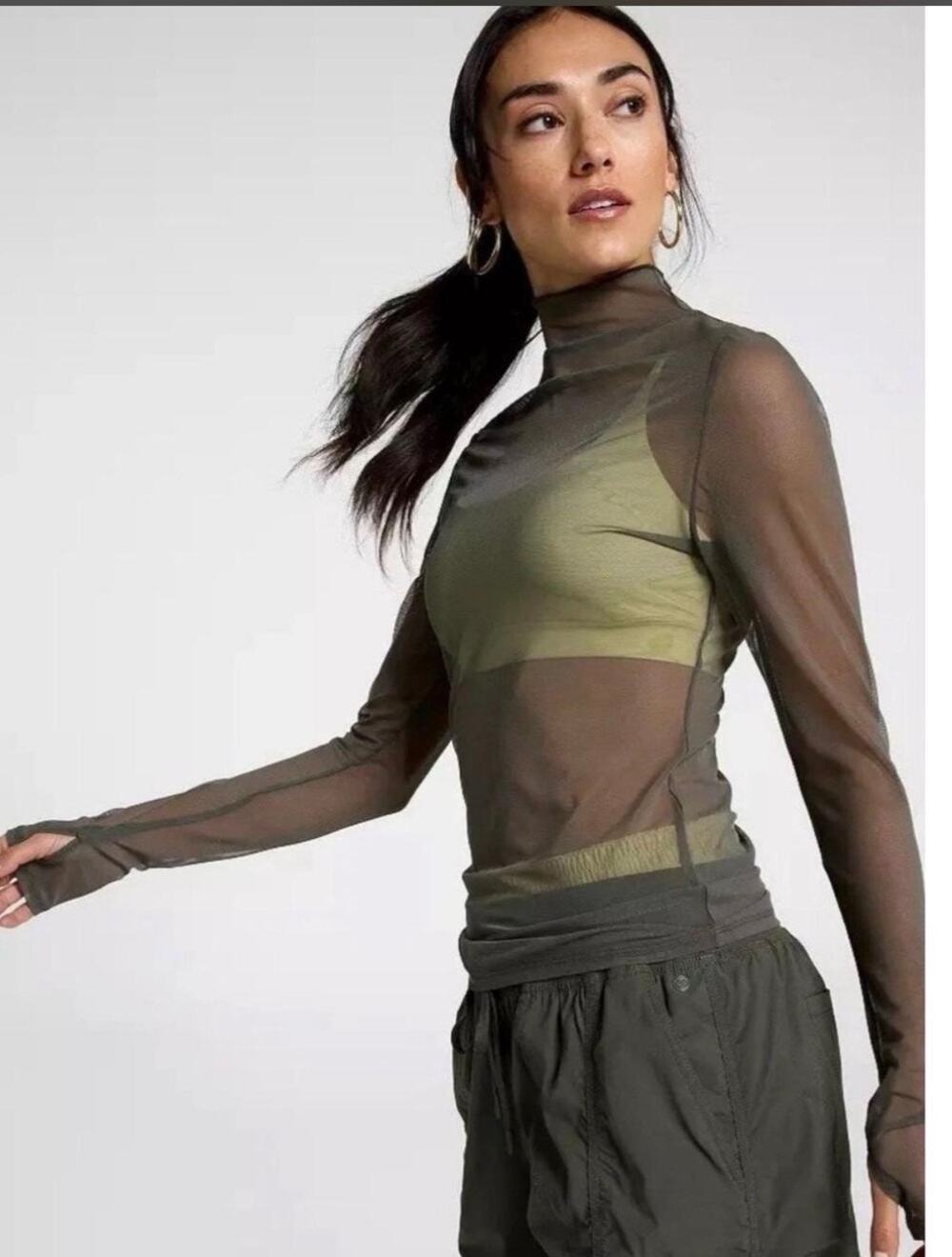 Calia Mesh Sheer Mockneck Top Activewear Whimsigoth Moss Camo Green Women XL